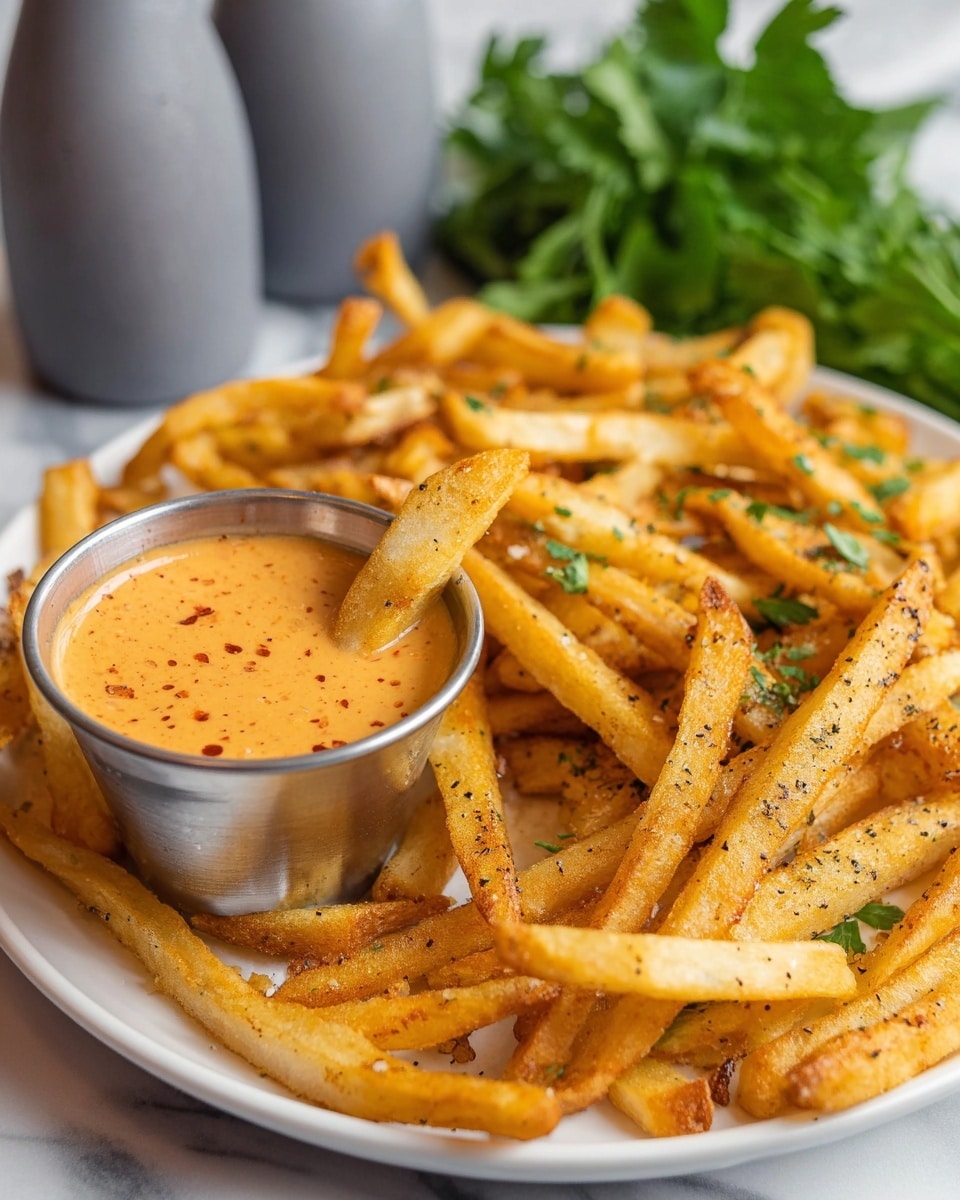 A white plate filled with golden, crispy French fries sprinkled with black pepper surrounds a small silver cup of thick, creamy orange dipping sauce with small red flecks; three fries are dipped halfway into the sauce, showing texture and color contrast. In the background, fresh green leafy parsley and two blurred grey bottles sit on a white marbled surface. Photo taken with an iphone --ar 4:5 --v 7