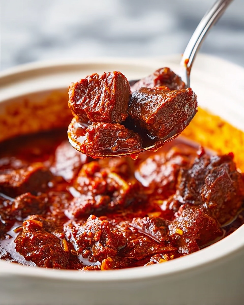 This image shows a close-up of a spoon lifting chunks of rich, dark reddish-brown stew from a white bowl. The stew has a thick, glossy sauce that coats the meat pieces, which look tender and well-cooked with a slightly rough texture. The bowl is set on a white marbled surface, and the background is softly blurred, making the vibrant color and texture of the stew stand out clearly. Photo taken with an iphone --ar 4:5 --v 7