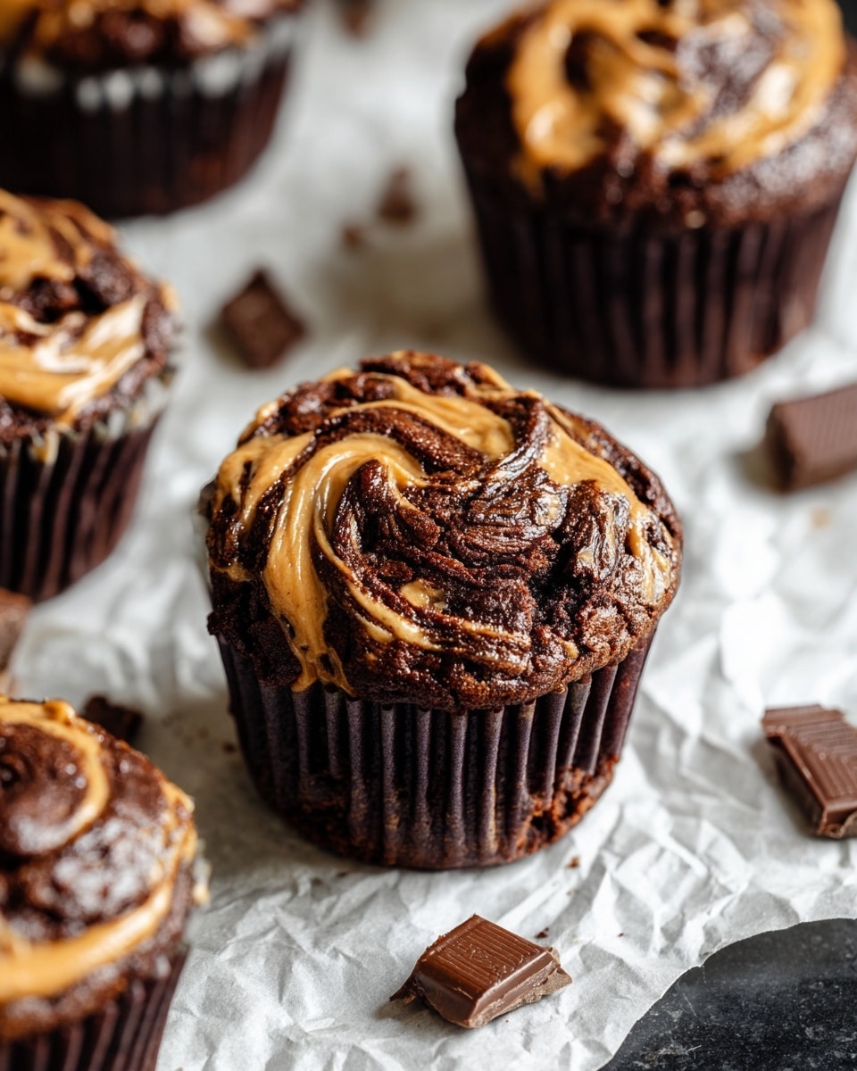 The image shows several chocolate muffins with a swirl of light brown peanut butter on top. Each muffin has a rich, dark brown chocolate base with a glossy and soft texture, while the peanut butter swirl forms a smooth, creamy pattern that contrasts with the darker chocolate. The muffins are in dark brown paper liners, placed on crumpled white parchment paper over a black surface. Small pieces of chocolate are scattered around, adding extra texture and detail. The overall scene is close-up, focusing on the muffin at the center with blurred muffins in the background, all set on a white marbled texture. photo taken with an iphone --ar 4:5 --v 7