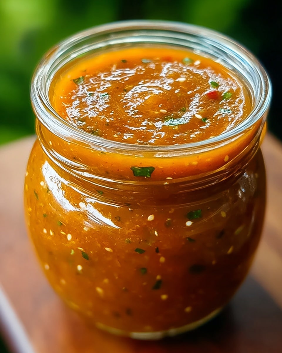 A close-up view of a small clear glass jar filled with a thick, smooth orange sauce mixed with small green herbs and white seeds evenly spread throughout. The sauce fills the jar almost to the top, showing a glossy surface with a slight swirl texture. The jar sits on a wooden surface with a blurred green background. Photo taken with an iphone --ar 4:5 --v 7