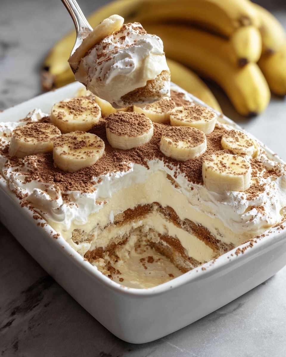 The image shows a square white dish filled with a layered banana dessert. The bottom layer looks like a soft cake or biscuit soaked in cream. Above it is a thick layer of white whipped cream, followed by another cake or biscuit layer. The top of the dessert is covered with white whipped cream, sprinkled with brown cocoa powder, and decorated with evenly cut round banana slices. A spoon is stuck into the side, showing a scooped section revealing the layers inside. The dish sits on a white marbled surface, with a bunch of bananas blurred in the background, and a woman’s hand holding the spoon. photo taken with an iphone --ar 4:5 --v 7