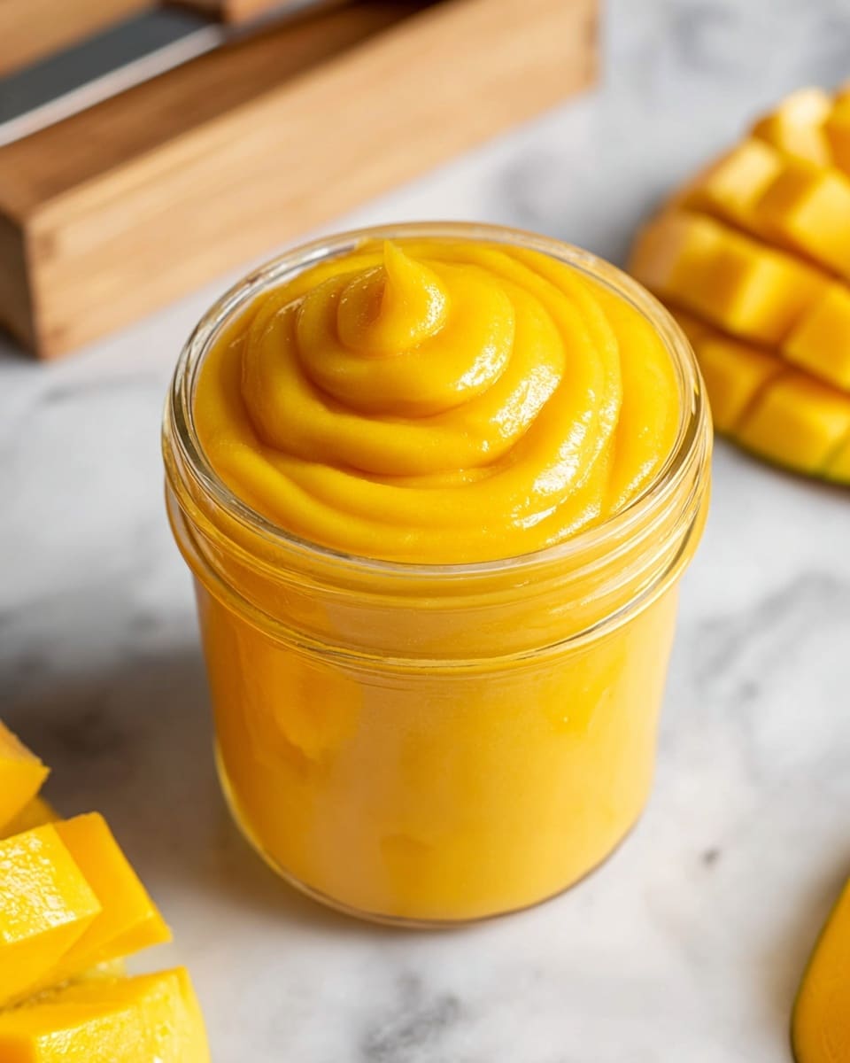 A clear glass jar is filled with a smooth, thick mango puree that is bright yellow-orange in color, swirled with a slight peak in the center. The jar is placed on a white marbled surface, with a sliced mango showing deep yellow cubes arranged neatly in the background on the right side and a wooden crate with a knife just out of focus in the upper left. The puree’s texture looks creamy and glossy, catching light to highlight its fresh ripeness. Photo taken with an iphone --ar 4:5 --v 7