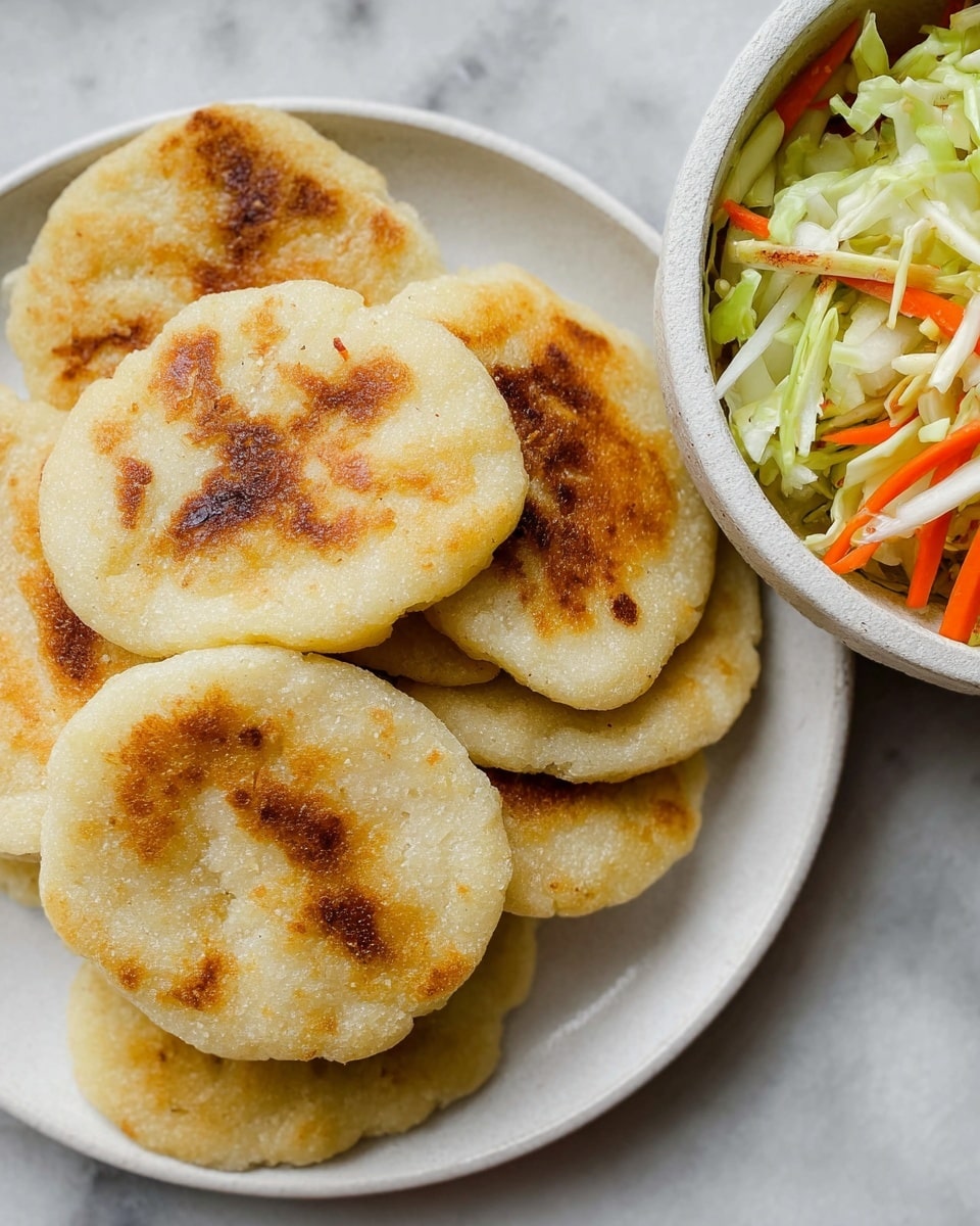 The image shows a pile of small, round arepas with a golden-brown, slightly crispy outside and a light yellow inside, stacked on a white plate. The arepas have uneven, rustic edges and some darker toasted spots on the surface. To the right side of the image, there is a white bowl filled with a mix of shredded green cabbage and orange carrot strips, adding a fresh contrast next to the warm arepas. The whole setting is placed on a white marbled surface. photo taken with an iphone --ar 4:5 --v 7