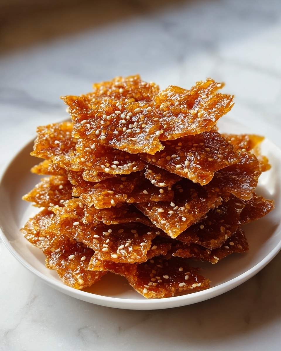 A stack of multiple layers of crispy, golden-brown jaggery and sesame brittle pieces sits piled high on a white round plate. Each brittle piece is thin and textured, studded with small white sesame seeds and with a shiny, sticky surface that glistens under the light. The edges of the brittle are uneven and slightly curled, adding to the crunchy look. The plate rests on a white marbled surface that softly reflects the light, enhancing the warm colors of the sweet treat. photo taken with an iphone --ar 4:5 --v 7