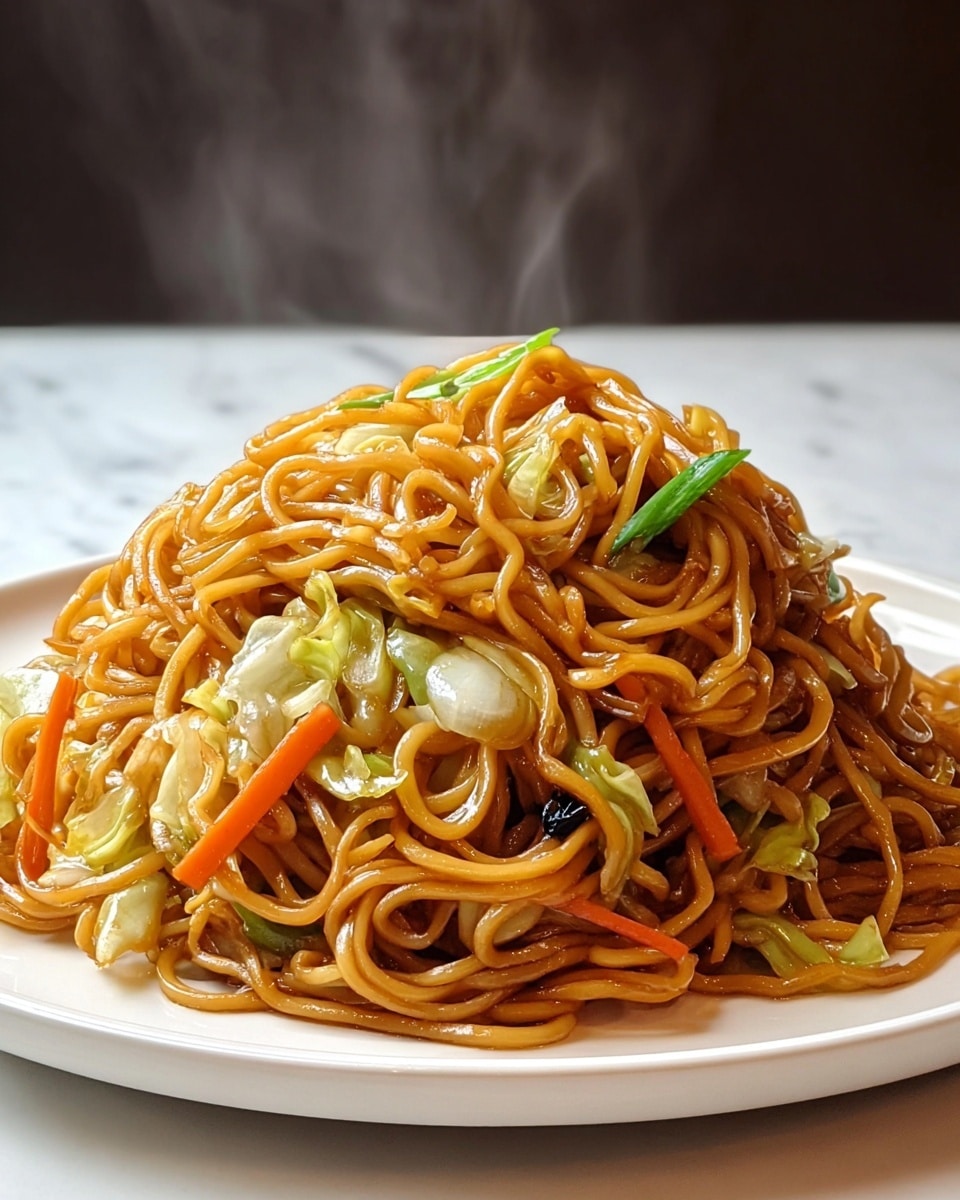 A white plate holds a tall mound of stir-fried noodles with a shiny, light brown sauce coating smooth and twisted noodle strands, mixed evenly with thin carrot sticks, pieces of light green cabbage, white onion slices, and dark green scallions. The noodles look soft and glossy, with visible steam rising gently from the dish, set against a white marbled background. photo taken with an iphone --ar 4:5 --v 7