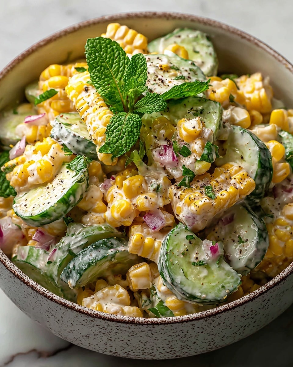 A close-up view of a bowl filled with a creamy salad made of bright yellow corn kernels and small corn cob pieces mixed with thick slices of green cucumbers that have a shiny texture. Scattered among the salad are small pieces of red onion and red pepper, adding pops of color. The salad is covered in a creamy white dressing with green herbs mixed in, and it is topped with fresh, bright green mint leaves and sprinkled with coarse black pepper. The bowl is white on the inside, and it sits on a white marbled surface. Photo taken with an iphone --ar 4:5 --v 7