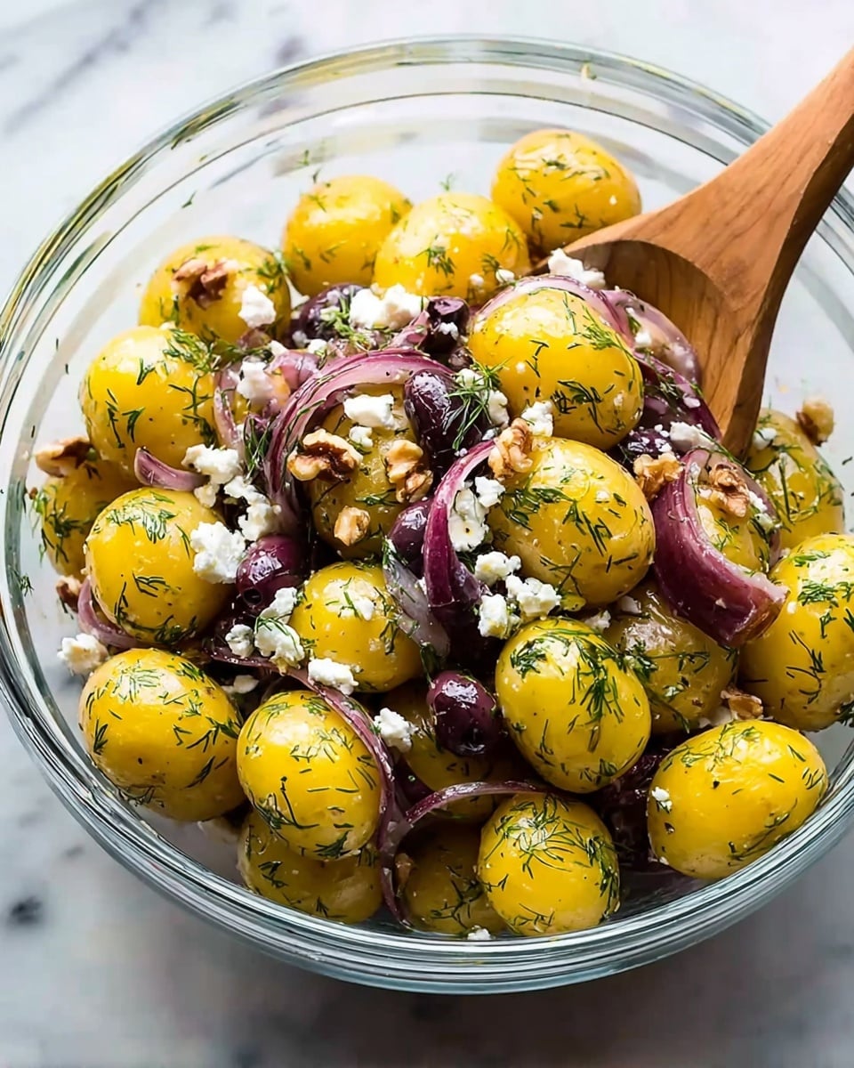 A clear glass bowl filled with about three layers of small yellow potatoes, each coated in green dill flakes. Mixed throughout are thin slices of purple-red onions and black olives cut in halves, adding dark and light purple colors in thin shapes. Small white crumbly bits of feta cheese are sprinkled on top, along with some small pieces of walnuts adding brown crunch. A wooden spoon is partially inside the bowl, resting among the potatoes. The bowl sits on a white marbled surface. Photo taken with an iphone --ar 4:5 --v 7