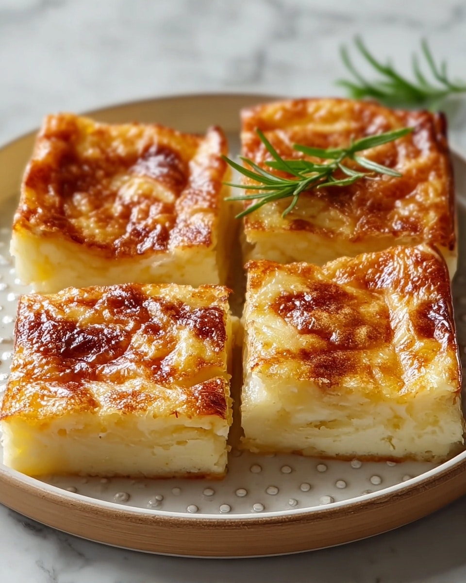 The image shows four square pieces of a golden-brown baked dish on a white plate with a textured edge, placed on a white marbled surface. Each piece has a shiny, crispy top layer with uneven browning, giving it a caramelized look. The layers appear to be soft and slightly translucent with a light cream color underneath the crispy top. A small green sprig of rosemary decorates one of the squares, adding a touch of fresh color. The dish looks soft and rich with a slightly chewy surface. photo taken with an iphone --ar 4:5 --v 7