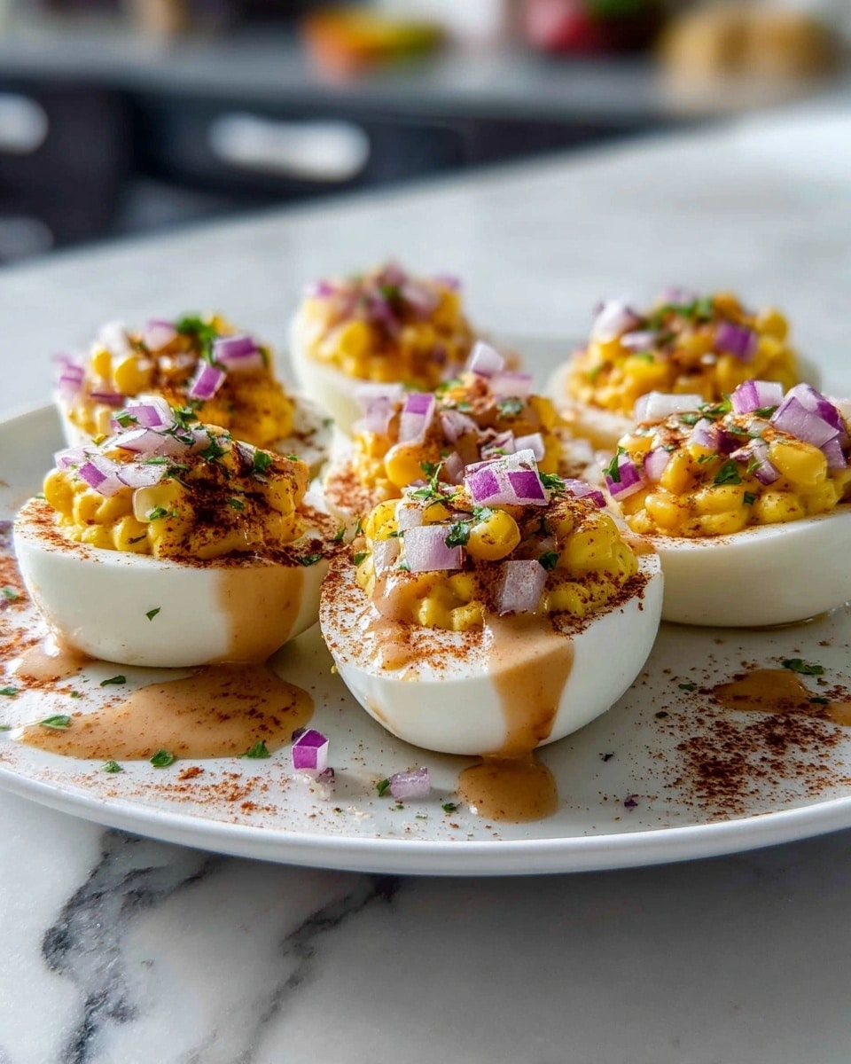 The image shows a white plate with six halved boiled eggs arranged in two rows. Each egg half has a smooth white base with a bright yellow, slightly crumbly yolk layer on top mixed with small yellow corn pieces. On this, there is a topping of finely chopped red onion pieces adding a splash of purple color. A light brown sauce drizzles over the eggs, with some drops falling on the plate. There is also a sprinkling of reddish-brown seasoning and small green herb pieces scattered on each egg half. The plate is set on a white marbled surface with a blurred kitchen background. photo taken with an iphone --ar 4:5 --v 7