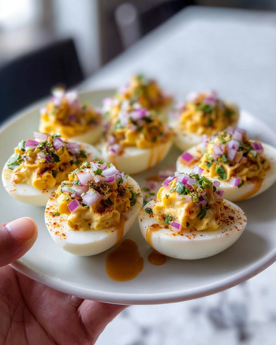 A white plate holds eight halved boiled eggs arranged in two rows, each half filled with a creamy yellow yolk mixture. The yolk filling is topped with small purple onion pieces, sprinkled with green herbs, and reddish-brown seasoning. Light brown sauce drips slightly down the sides of some egg halves, adding texture and color contrast against the smooth white egg whites. The plate is held by a woman's hand, and the background is softly blurred with a white marbled texture surface. photo taken with an iphone --ar 4:5 --v 7