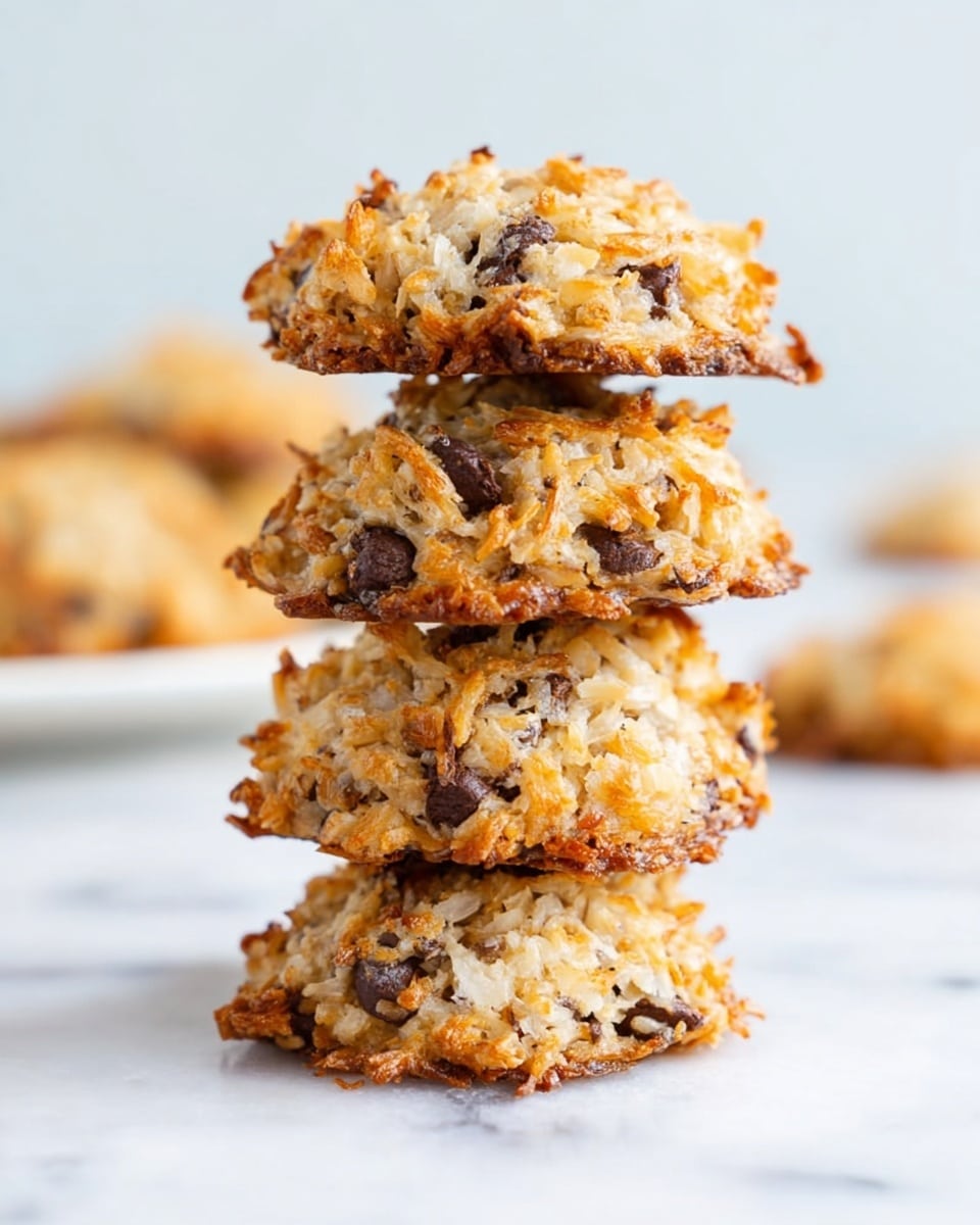 A stack of four chewy coconut and chocolate chip cookies is shown close-up, each cookie made of golden-brown toasted shredded coconut mixed with dark chocolate chips, giving a rough, textured look. The cookies are irregularly shaped with bits of coconut sticking out, stacked vertically on a bright white marbled surface. The background is plain white, keeping focus on the warm, inviting cookies. In the blurry background, a white plate with more cookies is faintly visible. photo taken with an iphone --ar 4:5 --v 7