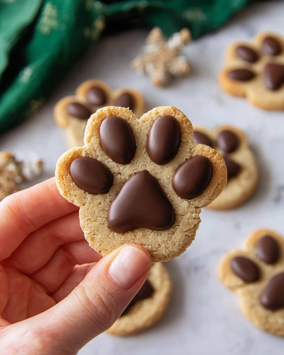 A close-up of a cookie shaped like a paw print held by a woman's hand, showing a bite taken from the top edge. The cookie's base layer is a golden brown color with a crumbly texture. The paw pads are made of smooth, dark chocolate, with one large central pad and three smaller pads above it, creating the paw shape. In the background, there are more similar paw print cookies slightly out of focus, placed on a white marbled surface with a green cloth partially visible. Photo taken with an iphone --ar 4:5 --v 7