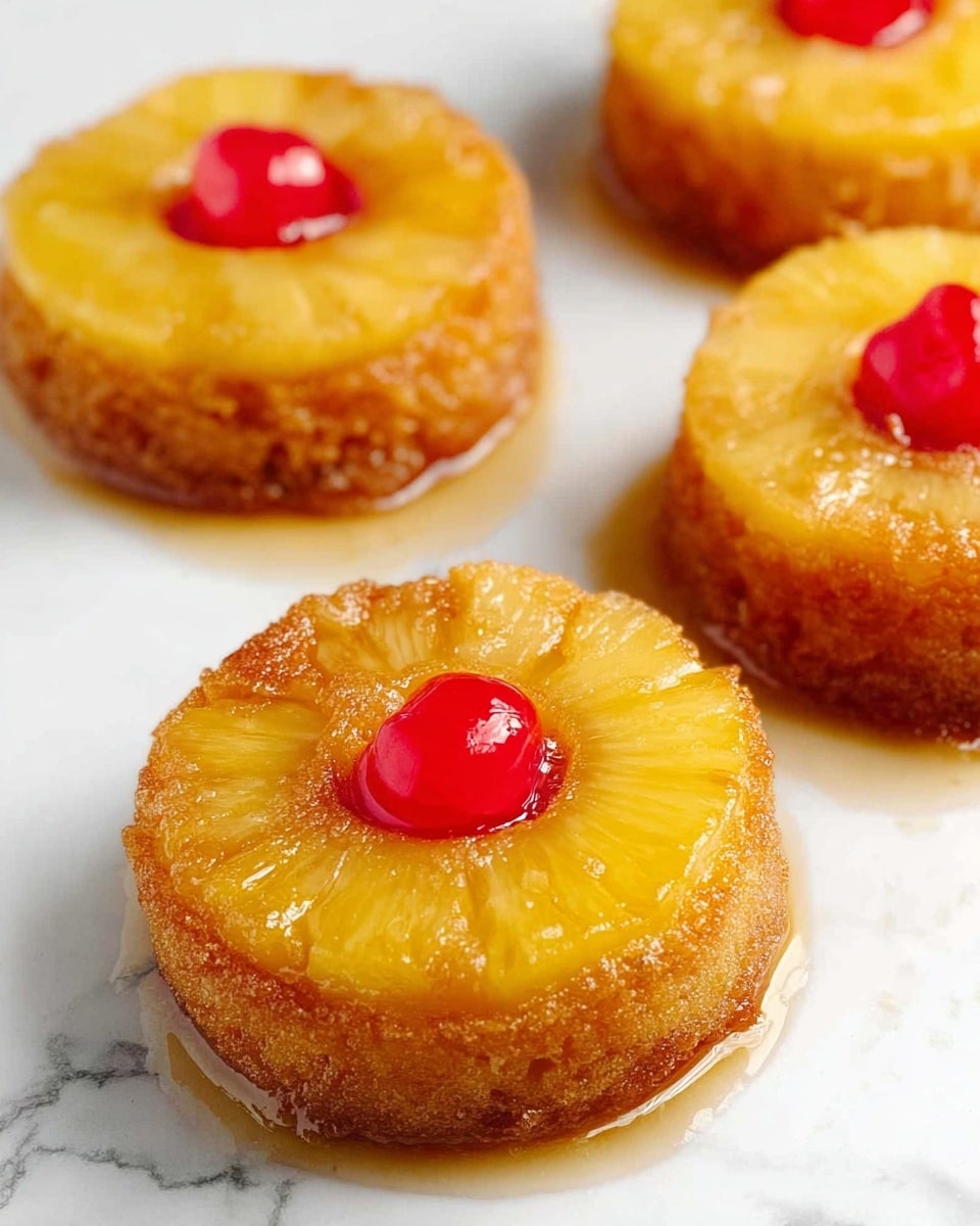 The image shows four small round pineapple upside-down cakes placed on a white marbled surface. Each cake has a thick, golden-brown base layer with a rough, moist texture. On top of this base, there is a bright yellow pineapple ring with a shiny glaze, making it look juicy and fresh. At the center of every pineapple ring is a small, vivid red cherry, adding a pop of color and glossy texture. The cakes have a slightly sticky syrup around the base, creating a glistening effect. The overall look is warm and inviting, with the cakes spaced evenly. photo taken with an iphone --ar 4:5 --v 7