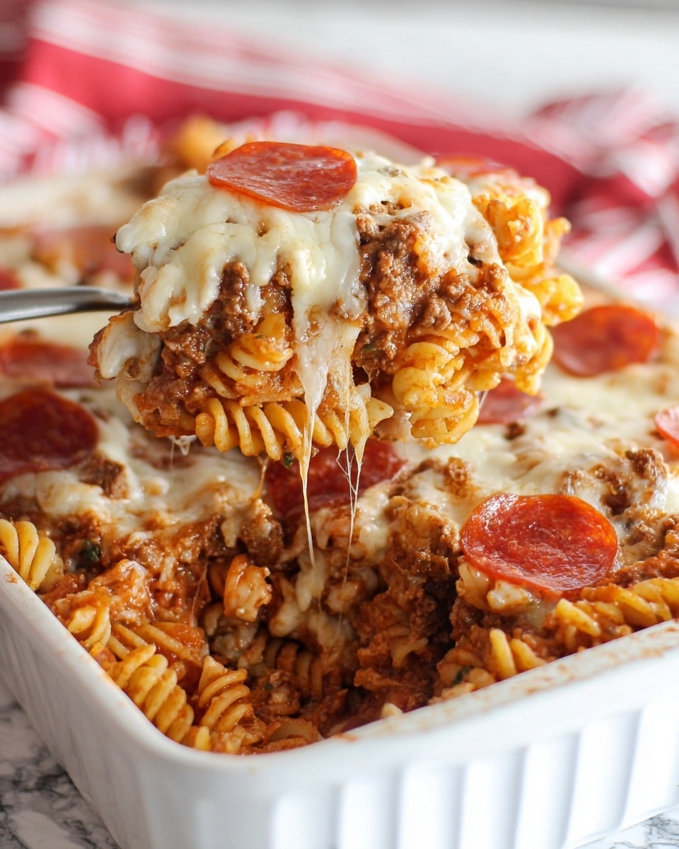 The image shows a close-up of a white baking dish filled with layered pasta casserole. The bottom layer consists of cooked rotini pasta mixed with a rich, chunky meat sauce with ground beef and diced vegetables. Above this is a thick layer of melted cheese that is stringy and gooey, sprinkled with round pepperoni slices that add a reddish color on top. The casserole has a textured, hearty look with layers of golden pasta, brown meat sauce, white melted cheese, and reddish pepperoni pieces. A woman's hand is lifting a portion out with a spatula, displaying the layers clearly against a white marbled surface and a red and white cloth nearby. Photo taken with an iphone --ar 4:5 --v 7