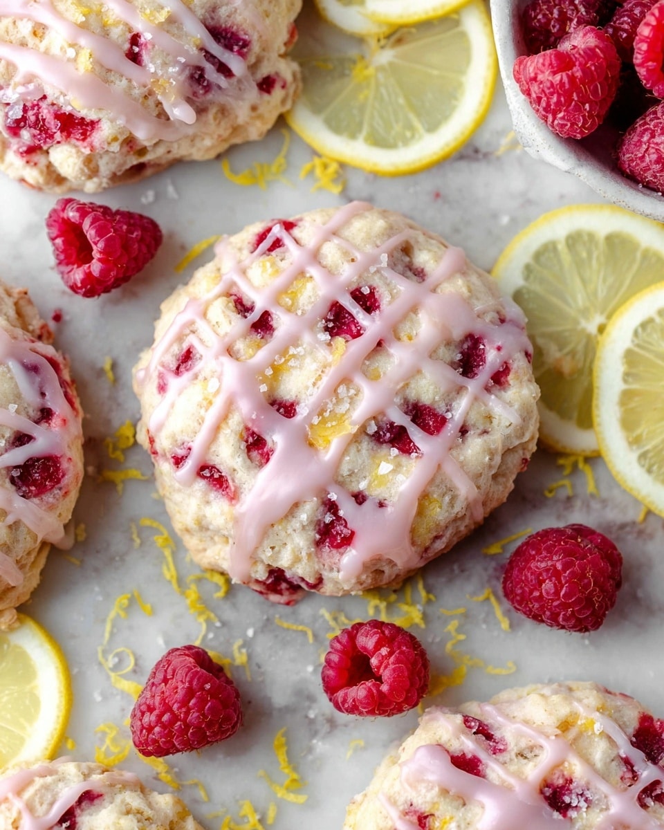 The image shows round scones with a crumbly texture, mixed with bright red raspberries and white sugar sprinkled on top. Each scone is drizzled with a light pink glaze that forms a crisscross pattern on the surface. The scones are placed on a white marbled surface with scattered lemon zest adding small yellow accents. There are thin lemon slices around the scones, and frozen raspberries in a white bowl lined with parchment paper add a frosty red touch nearby. The overall scene is bright and fresh with a mix of soft pink, red, white, and yellow colors. photo taken with an iphone --ar 4:5 --v 7