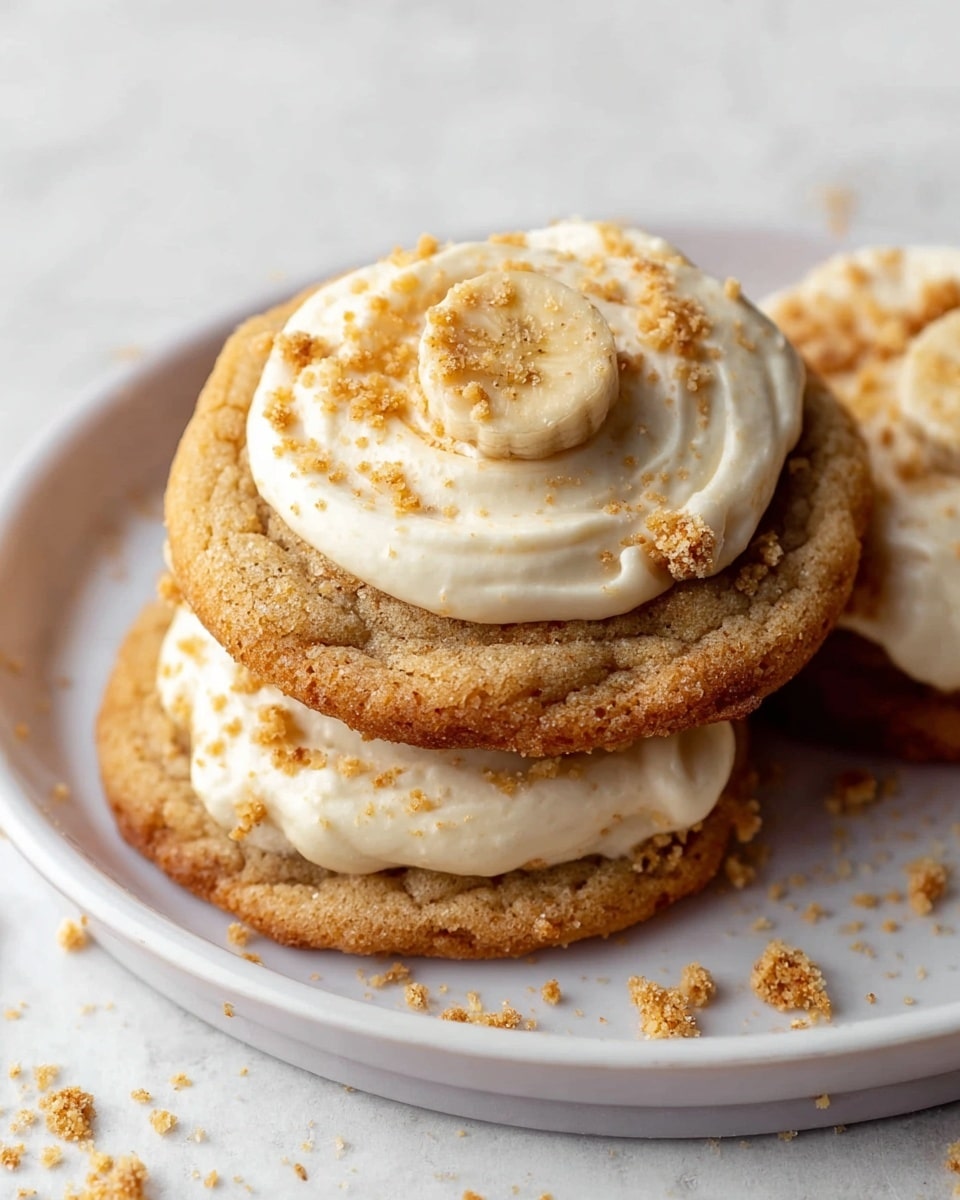 The image shows two cookies stacked on a white plate with a white marbled background. Each cookie has a soft, golden-brown baked texture with slight cracks on the surface. On top of the cookie, there is a thick layer of creamy white frosting swirled smoothly with some light tan crumbs sprinkled over it. A small round slice of banana sits in the center of the frosting, also dusted with crumbs. The plate is partially visible and has some scattered crumbs around the cookies. Photo taken with an iphone --ar 4:5 --v 7