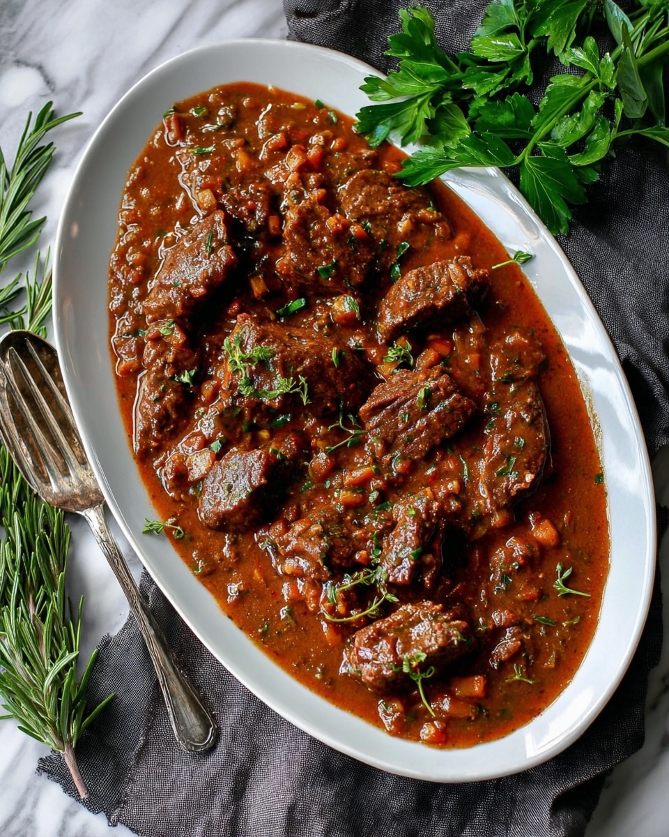 A white oval plate filled with thick brown stew that has visible finely chopped vegetables and herbs spread throughout, topped with several chunks of soft dark brown meat covered partially in the sauce. Small green fresh herb pieces are sprinkled on top of the meat and sauce. The plate sits on a white marbled surface, with fresh green parsley and rosemary sprigs placed nearby. A vintage metal fork rests next to the plate on a dark grey cloth. photo taken with an iphone --ar 4:5 --v 7