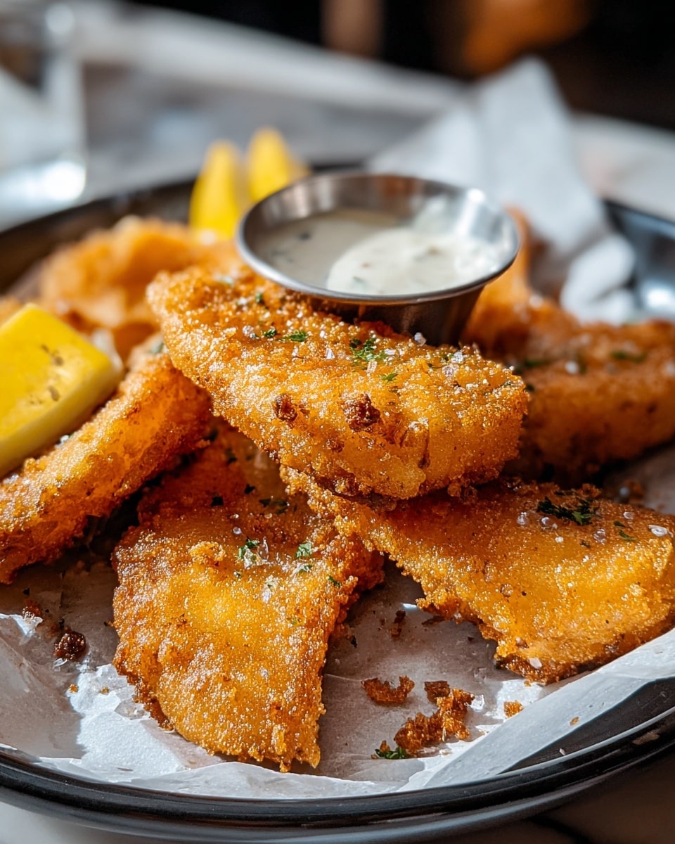 The image shows several pieces of golden brown fried fish with a crispy texture, stacked unevenly on a piece of white paper inside a white plate. Behind the fish, there is a small metal container with white creamy sauce and a wedge of bright yellow lemon, partially visible. The dish sits on a white marbled textured surface, and there are small crispy bits scattered around the fish, adding to the crunchy look. The lighting highlights the crispiness and color of the fish well, making it look hot and fresh. Photo taken with an iphone --ar 4:5 --v 7