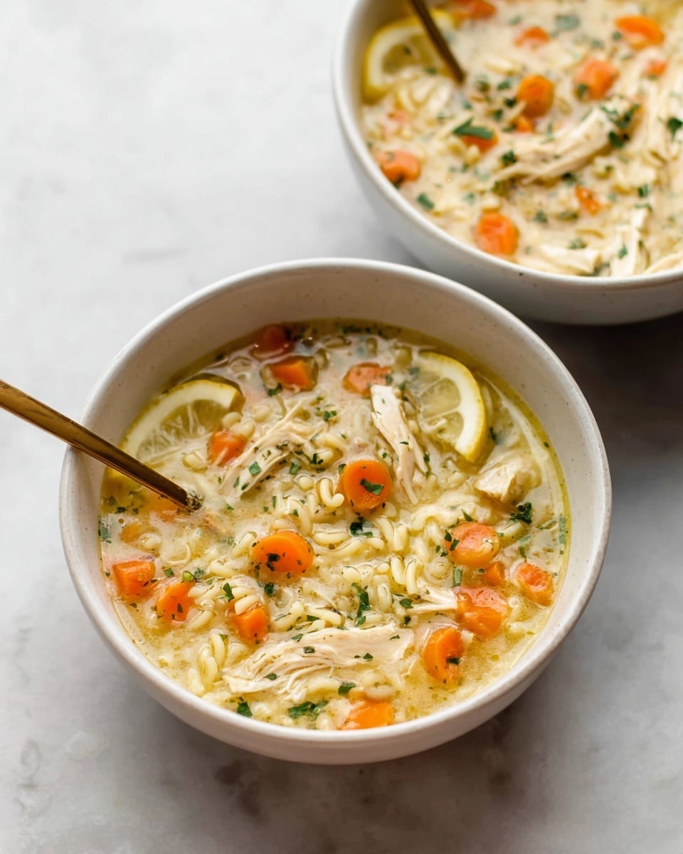 Two white bowls of chicken noodle soup are placed on a white marbled surface. Each bowl contains a rich broth filled with small chunks of orange carrots, pieces of white chicken, green herbs, and short pasta noodles. In the front bowl, a slice of lemon rests on the side of the soup, and a golden spoon is gently placed inside the bowl, slightly leaning out. The textures of the soup are soft and moist, highlighted by the creamy, light-yellow broth that glistens under soft light. photo taken with an iphone --ar 4:5 --v 7