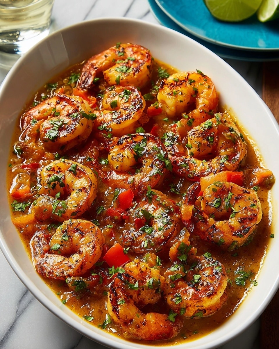 A white oval dish filled with grilled shrimp coated in a golden-brown sauce with visible pieces of red bell pepper and fresh chopped green herbs sprinkled on top, giving a fresh touch. The shrimp are arranged closely together, showing grill marks and a slightly charred texture on their orange-pink bodies. The sauce beneath them looks thick and rich, with a glossy finish that adds moisture to the dish. The dish is set on a white marbled textured surface along with a hint of a glass and a blue plate with a lime wedge blurred in the background. Photo taken with an iphone --ar 4:5 --v 7