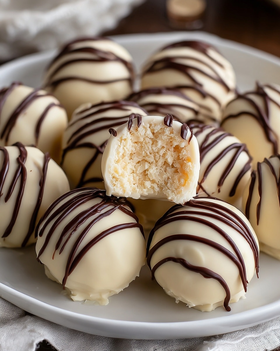 A white plate filled with round white chocolate truffles, each decorated with thin dark chocolate drizzles in random lines across the surface, arranged in close layers covering the plate; one truffle is placed on top in the center, cut in half to show a creamy, slightly crumbly white filling inside, contrasting with the smooth outer shell. Photo taken with an iphone --ar 4:5 --v 7