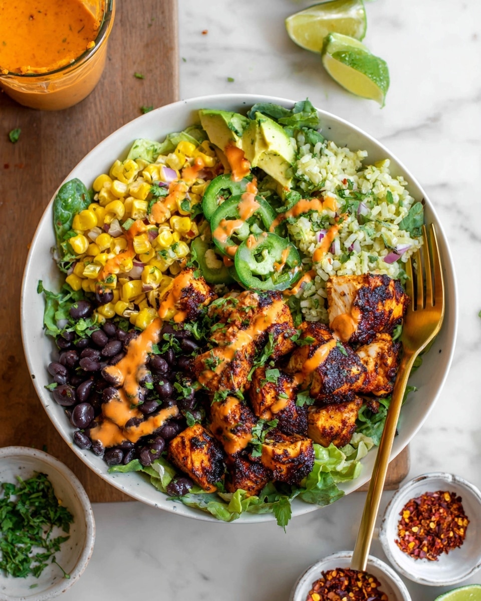 A white bowl filled with several colorful layers starting with fresh green lettuce at the bottom left, next to a pile of black beans. Above these are grilled chicken pieces with a charred dark brown and orange color. To the left of the chicken is bright yellow corn, and on the right side is a serving of light green rice with thin slices of green jalapeno on top. Large chunks of green avocado mixed with red onion and herbs sit on top of the chicken and beans. Everything is drizzled with an orange sauce and sprinkled with red chili flakes and chopped herbs. A gold fork rests on the right side of the bowl, which sits on a white marbled surface with lime wedges and small white bowls of red chili flakes and green herbs nearby. Photo taken with an iphone --ar 4:5 --v 7