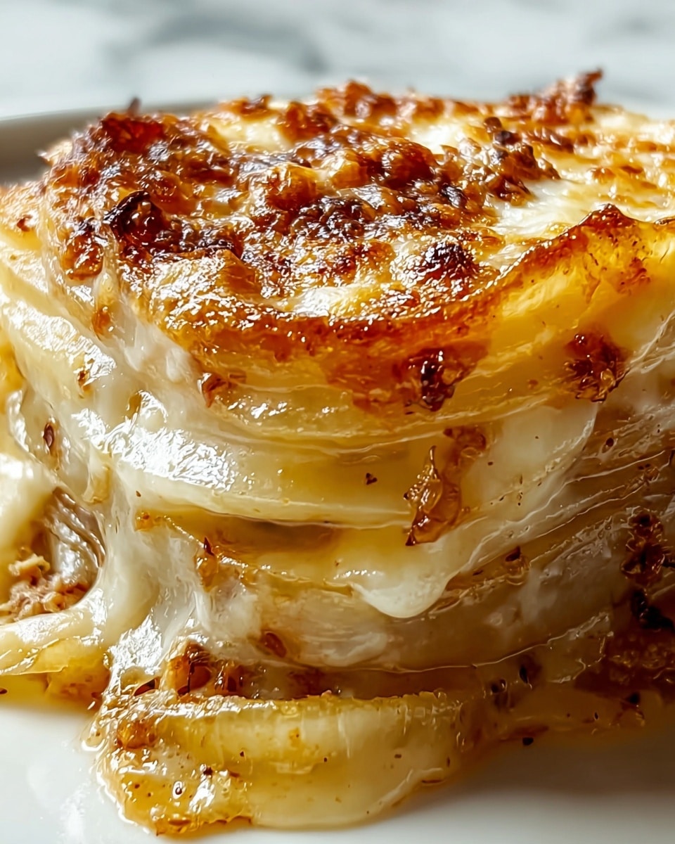 A close-up image shows a baked dish with multiple thin layers of light golden, translucent pasta sheets, stacked neatly. Between the pasta layers, there is a creamy, melted cheese filling that oozes slightly, creating glossy, smooth textures in pale white and yellow shades. The top layer is covered with a browned, bubbly cheese crust that has a golden to deep amber color with some darker caramelized spots, giving a crispy texture. The dish is set against a white marbled surface. photo taken with an iphone --ar 4:5 --v 7