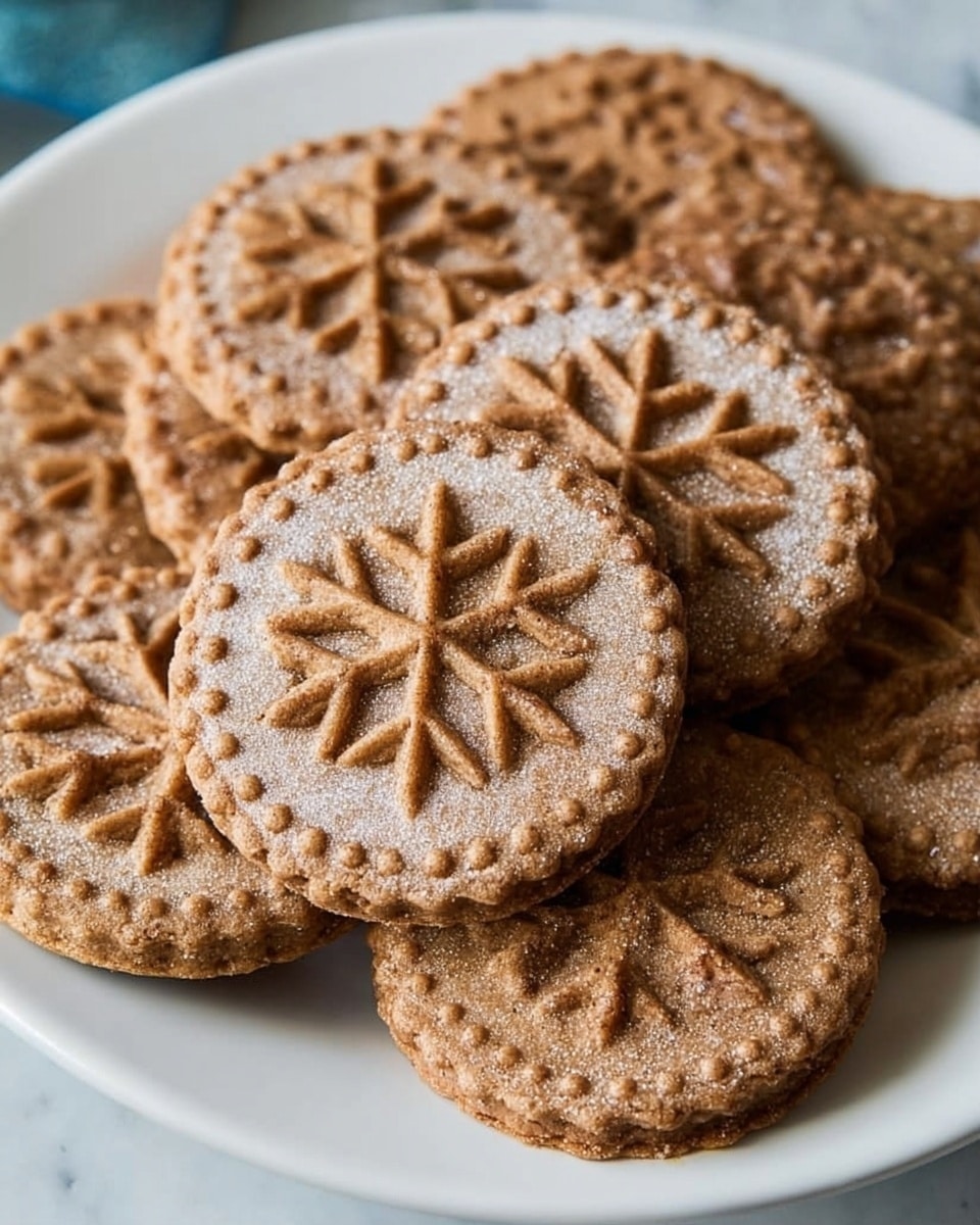 A white plate filled with round brown cookies arranged in layers, each cookie showing a clear snowflake pattern embossed on top. The cookies have a slightly rough texture with a light dusting of sugar or cinnamon, and the edges are scalloped with small dotted details around the border. The plate sits on a white marbled surface that gives a clean and bright look. photo taken with an iphone --ar 4:5 --v 7