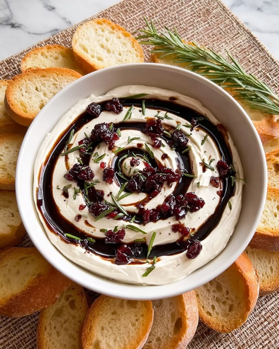 A white bowl filled with a creamy white dip spread evenly to cover the base, topped with concentric spiral lines of dark balsamic glaze. On top of the spiral, there are small pieces of dried dark red cranberries scattered around along with green rosemary sprigs and fine herb bits. Around the bowl, slices of light golden toasted bread are arranged overlapping each other. The bowl and bread rest on a textured beige woven placemat over a white marbled surface. photo taken with an iphone --ar 4:5 --v 7