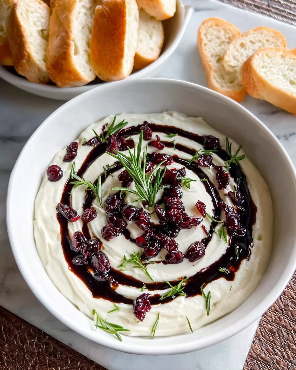 A white bowl filled with a smooth, creamy white dip spread evenly in the base forms the first layer. Over the creamy layer, thin dark brown balsamic glaze is drizzled in a spiral pattern from the center outward. Scattered across the dip are small dried red cranberries adding pops of deep red color and a few bright green rosemary sprigs placed on top as garnish. In the background, there is a white bowl filled with slices of crusty light golden bread. The bowls are set on a white marbled surface. Photo taken with an iphone --ar 4:5 --v 7