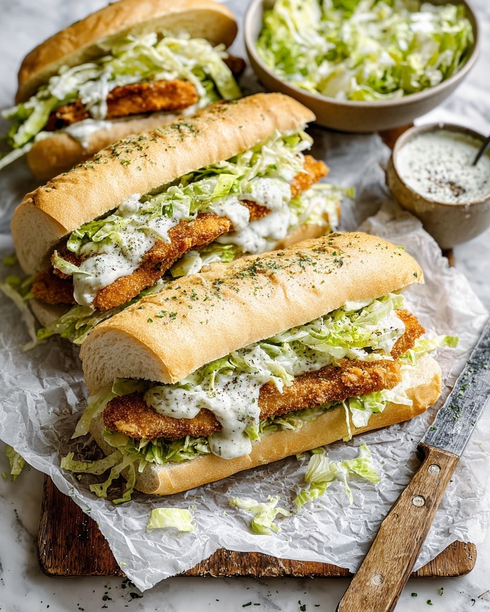 The image shows three sandwiches stacked on each other on a wooden board covered with crumpled white paper. Each sandwich has a white hoagie roll sliced open, with the bottom half topped with a golden brown crispy fried chicken fillet, followed by a layer of light green shredded lettuce mixed with creamy white dressing, and sprinkled with finely grated white cheese. The top half of the roll is lightly toasted with visible green herbs. Around the sandwiches, there is a round brown bowl filled with more lettuce salad dressed with a creamy sauce, a small gray bowl containing a thick white sauce with black pepper on top, and a large knife with a wooden handle resting on the board. The background surface is a white marbled texture. photo taken with an iphone --ar 4:5 --v 7