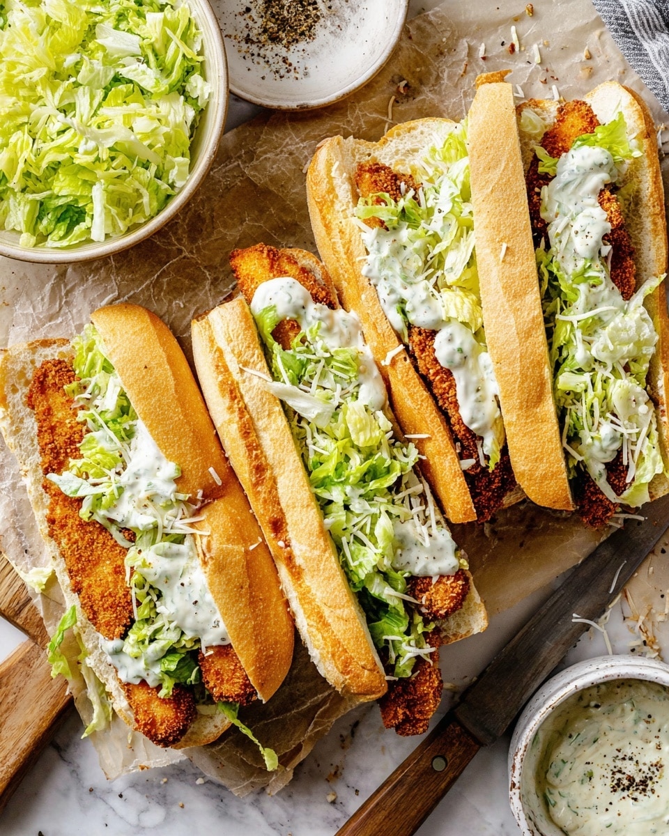 Four sandwiches are placed close together on a sheet of parchment over a wooden board with a white marbled texture underneath. Each sandwich has one layer of long, toasted white bread with a light golden crust, topped with a layer of fresh, chopped green lettuce, followed by a thick layer of crispy, golden brown breaded chicken, and finished with some creamy white sauce drizzled inside. Shredded white cheese is sprinkled on top of the filling in each sandwich. To the side, a bowl with more green lettuce and another bowl with white creamy sauce and black pepper are present. A knife with a wooden handle lies on the board near the sandwiches. photo taken with an iphone --ar 4:5 --v 7