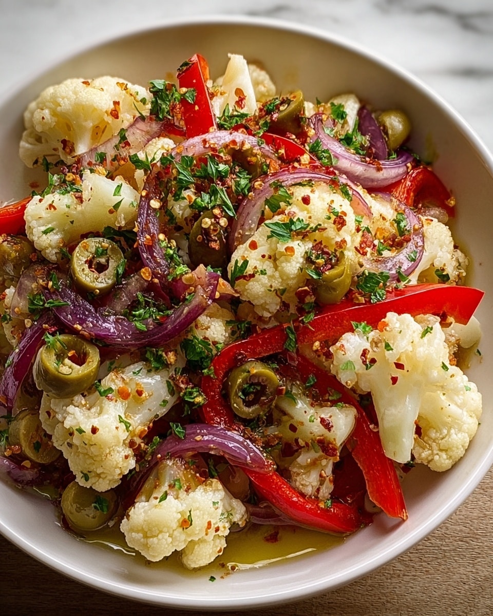 A white bowl holds a colorful mix of salad with several layers: large creamy white cauliflower florets on the bottom, bright red bell pepper strips, sliced green olives, and chunks of purple onion scattered among them. The salad is sprinkled with chopped green parsley and small red chili flakes, all drizzled with golden oil that pools slightly at the base. The textures range from the soft cauliflower to the juicy olives and fresh herbs, all set against a white marbled surface background. photo taken with an iphone --ar 4:5 --v 7