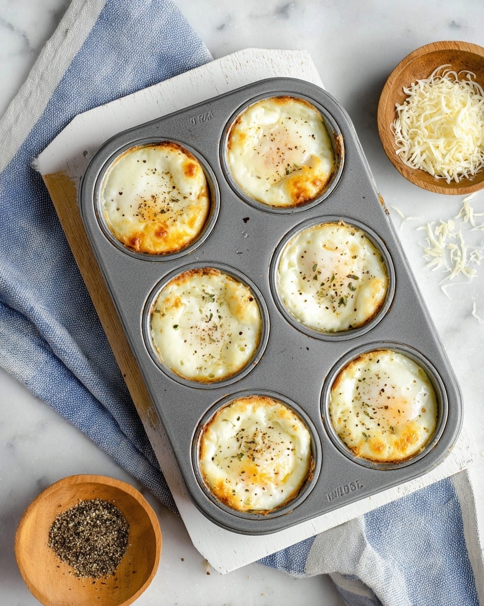 A gray metal muffin tray holds six baked egg cups, each with a creamy white top layer showing soft, slightly browned and bubbly baked egg whites with small spots of black pepper sprinkled on them. Each cup reveals a hint of light yellow yolk beneath the white, giving a soft texture contrast. The tray rests partly on a white wooden paddle and a blue and white striped cloth on a white marbled surface. Small piles of ground black pepper are scattered around on the surface, alongside a small wooden bowl with more black pepper and some loose shredded white cheese visible at the edge. photo taken with an iphone --ar 4:5 --v 7