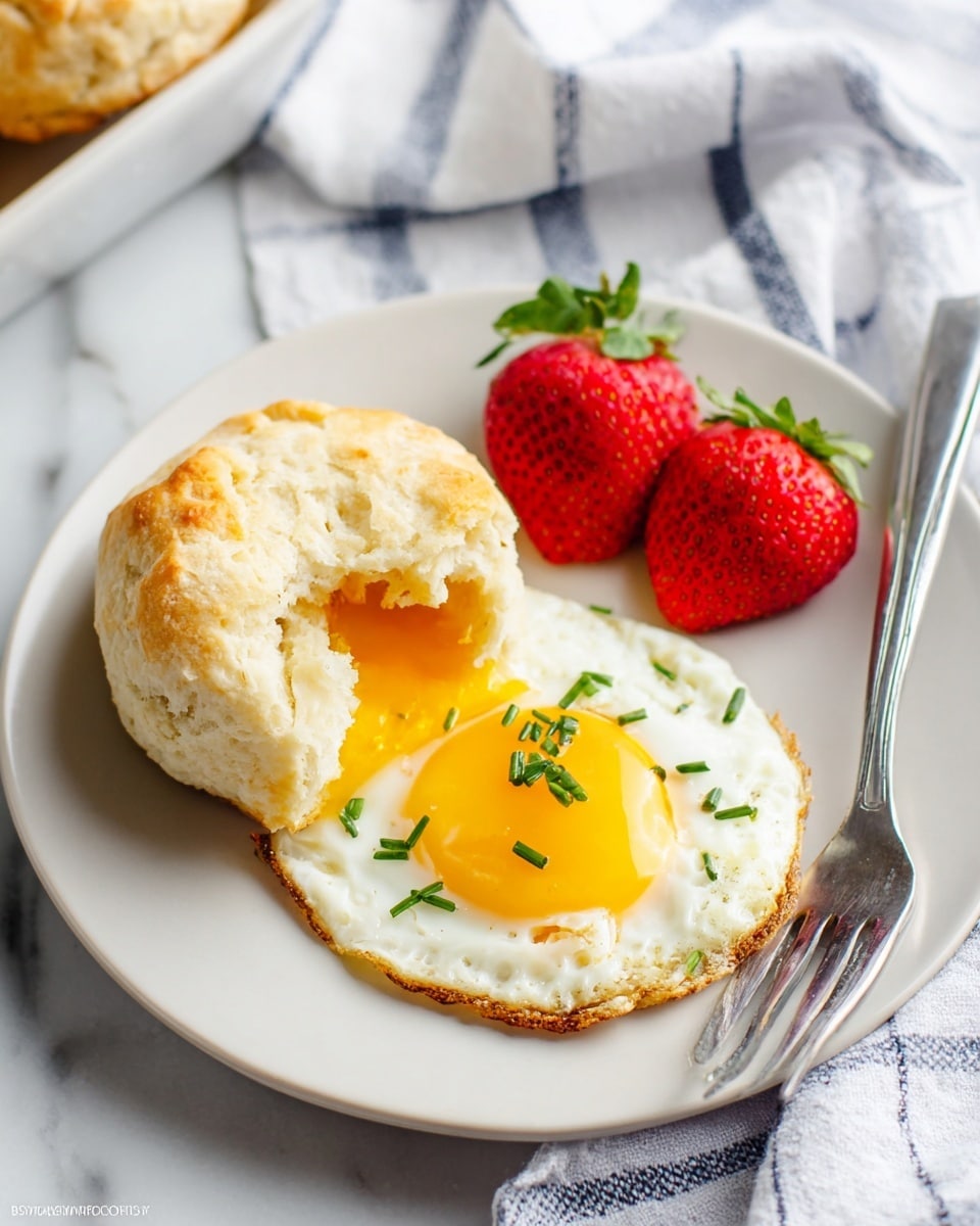 A white plate sits on a white marbled surface with a light blue and white striped cloth nearby. On the plate, there is a split biscuit with a soft, flaky, pale golden texture. Next to the biscuit is a fried egg with a crispy edge, white cooked egg white, and a broken yolk oozing out bright yellow with small green chive pieces sprinkled on top. Two fresh, bright red strawberries with green leaves are placed beside the egg. A silver fork rests on the bottom right edge of the plate. Photo taken with an iphone --ar 4:5 --v 7
