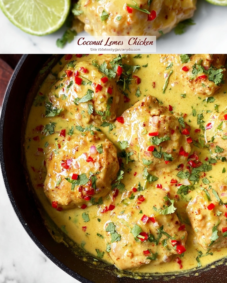 The image shows a close-up of creamy coconut lime chicken in a dark pan placed on a white marbled surface. The chicken is covered in a thick, smooth yellow sauce with visible pieces of red chili, chopped onions, and fresh green cilantro sprinkled on top. The sauce looks rich and glossy, coating multiple chicken pieces that appear tender and juicy under the sauce. A partly visible white plate with a piece of the chicken topped with the same sauce is seen at the top of the image. The whole scene is bright and colorful with red, yellow, and green tones contrasting nicely with the dark pan and white marbled background. photo taken with an iphone --ar 4:5 --v 7