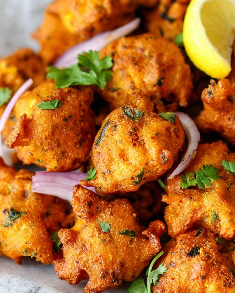 This close-up image shows many golden-brown fried fritters with a rough and crispy texture piled together. They have small green herb pieces inside and are topped with fresh green cilantro leaves scattered across the fritters. Thin purple rings of raw onion are placed on top and between the fritters, along with a bright yellow lemon wedge resting on the top right side. The background shows a white marbled surface that keeps the focus on the warm colors of the food. photo taken with an iphone --ar 4:5 --v 7