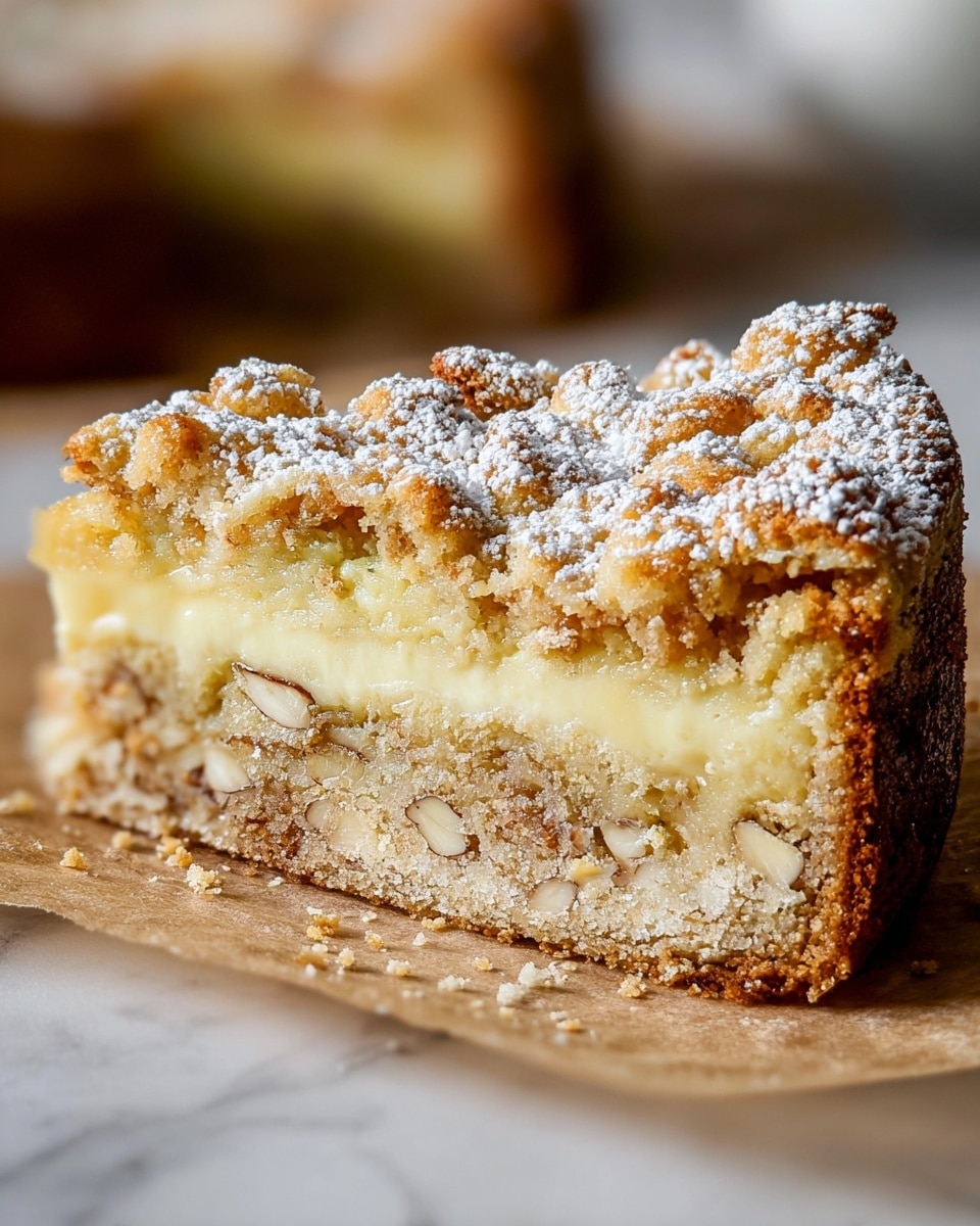 The image shows a close-up of a single slice of crumbly cake with a golden brown top sprinkled with white powdered sugar. The cake has two main layers: a thick, crumbly outer layer with a light tan color and visible nuts, and a smooth, creamy pale yellow filling in the middle. The slice sits on parchment paper with cake crumbs scattered around, all placed on a white marbled surface. The background is softly blurred, focusing fully on the texture and details of the cake slice. photo taken with an iphone --ar 4:5 --v 7
