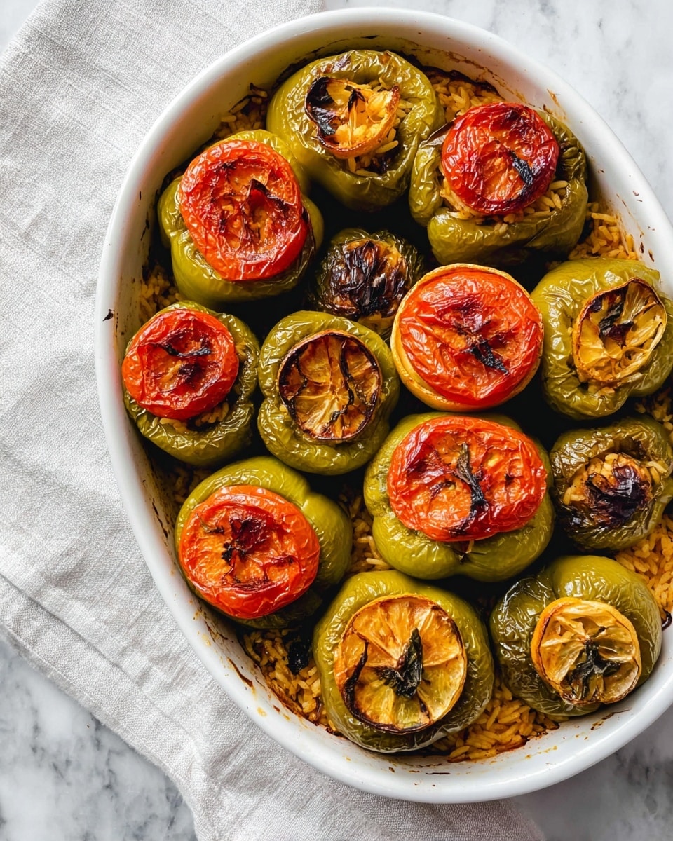 The image shows a white oval baking dish filled with several stuffed green bell peppers, each topped with a slightly charred red tomato slice. Inside the peppers, visible layers of yellowish-orange rice and some darker bits are seen, suggesting a savory filling. Scattered among the peppers are grilled slices of orange lemon, adding bright color contrast. The peppers and tomato tops have a roasted texture with browned, wrinkled skin. The baking dish sits on a white cloth on a white marbled surface. photo taken with an iphone --ar 4:5 --v 7
