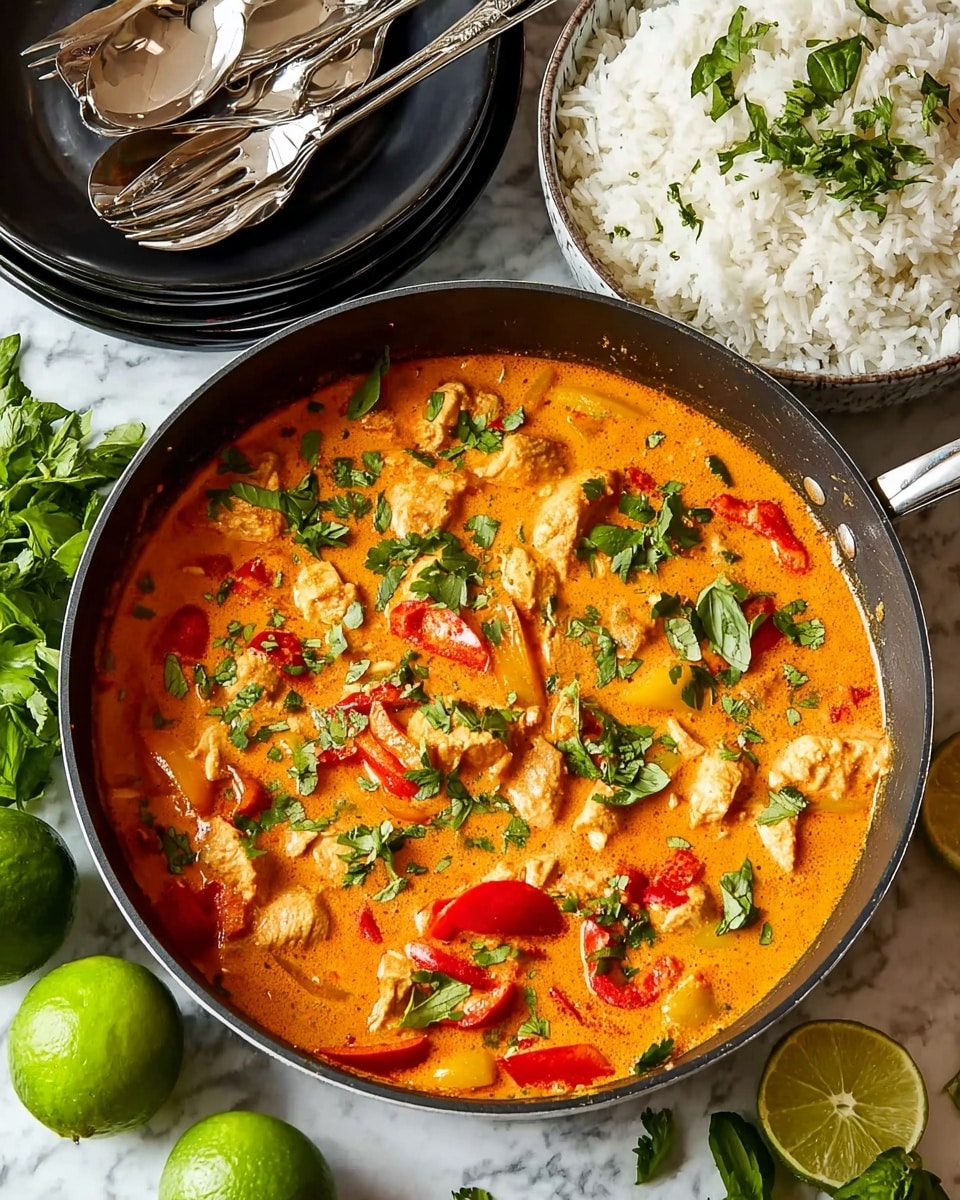 A black skillet filled with a rich orange creamy curry containing chunks of light brown chicken pieces and red and yellow bell pepper pieces mixed evenly throughout. The curry is topped with scattered fresh green cilantro and basil leaves. To the side, a white bowl with a black outside is filled with fluffy white rice. There are whole and halved bright green limes on a white marbled surface, with some fresh green herbs around. A stack of black plates with shiny silver cutlery lies nearby. Photo taken with an iphone --ar 4:5 --v 7