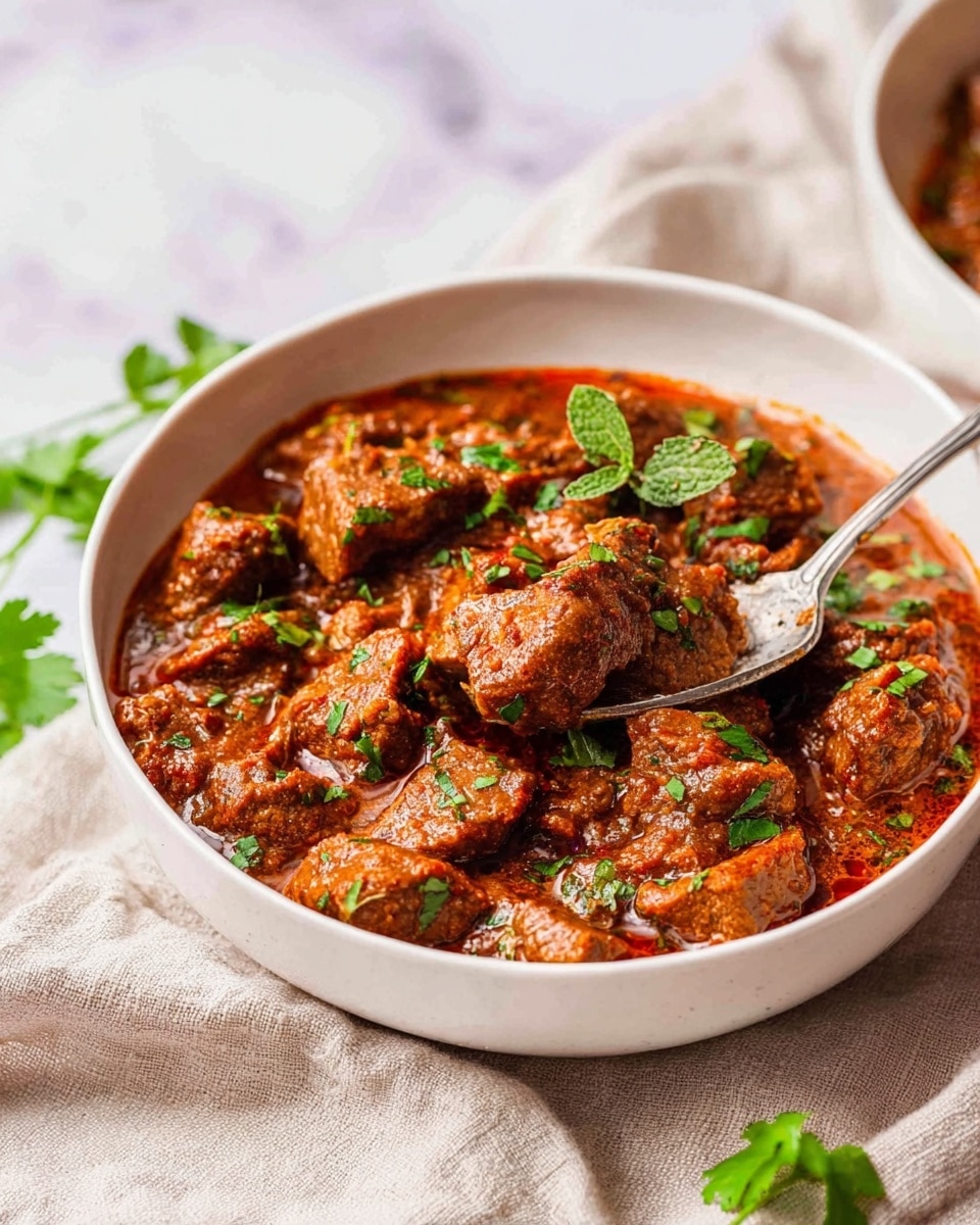 A white bowl filled with thick, chunky stew made of browned meat pieces covered in rich, reddish-brown sauce with visible spices. The stew is topped with fresh green herbs scattered all over. A silver spoon rests inside the bowl, holding some meat and sauce garnished with a small herb leaf. The bowl sits on a light beige cloth, on a white marbled surface, with extra green herbs around it. Photo taken with an iphone --ar 4:5 --v 7