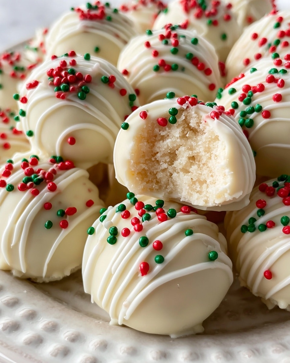 A close-up view of round white chocolate balls arranged on a white textured plate, each ball coated smoothly in creamy white chocolate, topped with thin white chocolate drizzle in irregular lines, and sprinkled with small red and green round sprinkles. The balls show a soft, crumbly inside, visible in a few with a small bite taken out. The entire scene is set against a white marbled texture, highlighting the festive colors and smooth, glossy finish of the chocolates. photo taken with an iphone --ar 4:5 --v 7