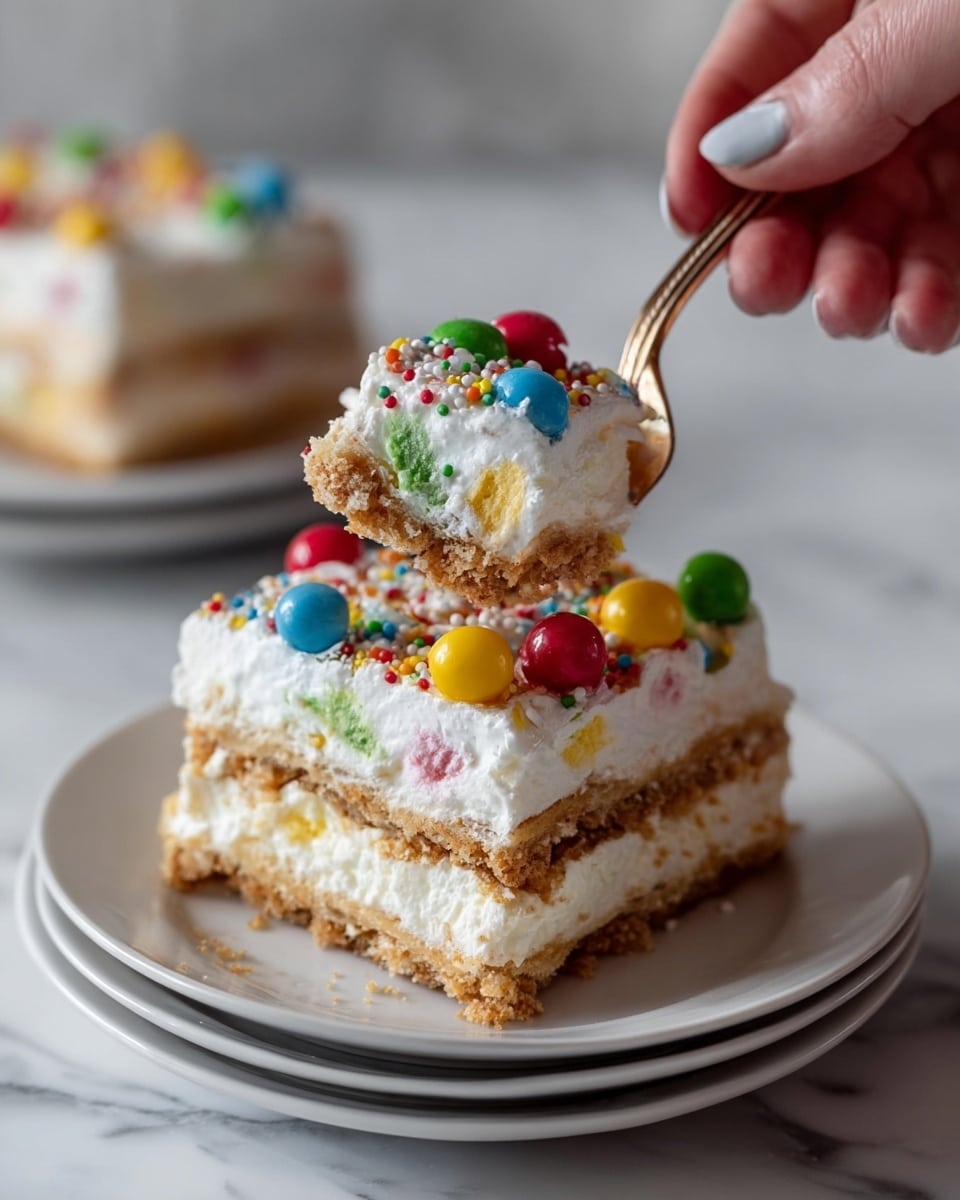 A square layered dessert on a stack of three white plates shows three layers: the bottom and middle layers are crumbly and light brown like a cookie crust, and between and above them are thick white cream layers with colorful small candy pieces. The top white cream layer is decorated with red, green, yellow, and blue round candies and small round sprinkles in multiple colors. A woman's hand holds a fork lifting a small piece from the top, showing the same layers and colorful candies inside. The surface beneath the plates has a white marbled texture. photo taken with an iphone --ar 4:5 --v 7