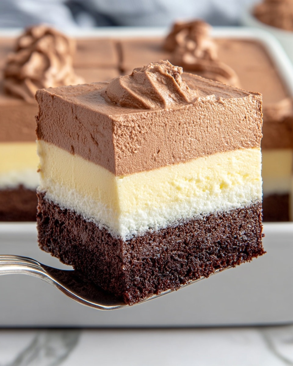 The image shows a close-up of a square piece of layered dessert being lifted on a silver fork. The dessert has three clear layers: the bottom layer is a smooth, pale yellow cheesecake with a slightly dense texture, the middle layer is a dark brown, moist chocolate cake with little air holes, and the top layer is a thick, light brown, fluffy mousse with a creamy surface and small peaks. The background features more of the dessert in a white dish sitting on a white marbled surface. photo taken with an iphone --ar 4:5 --v 7