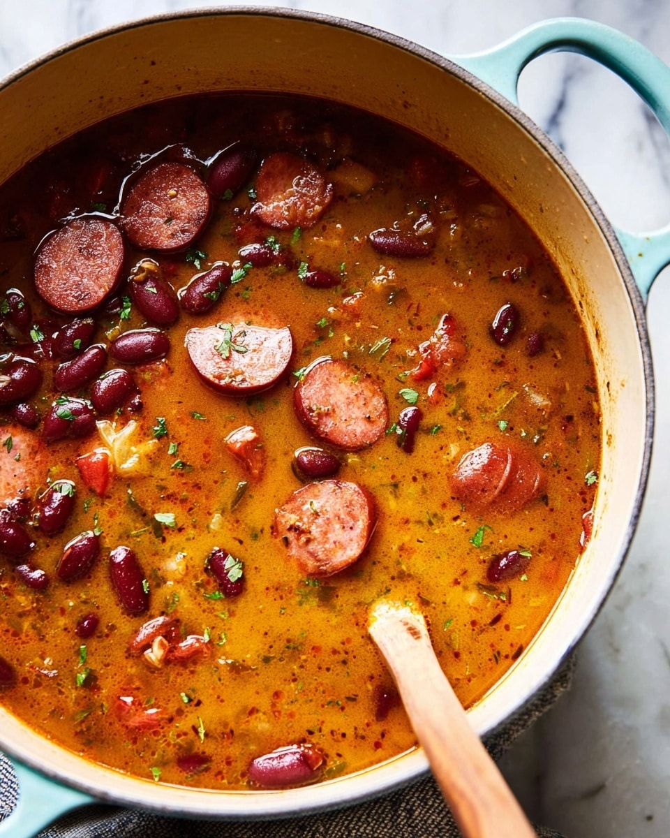 A close-up view of a pot filled with thick stew showing three main layers: the top layer is dark red kidney beans and round slices of reddish sausage, the middle layer is a rich orange broth with visible herbs and small bits of vegetables floating throughout, and the bottom layer is partially visible, showing the pot's white interior edge and a wooden spoon resting inside. The stew has a slightly oily surface with specks of green herbs scattered around. The pot has a pale blue handle and rests on a piece of cloth on a white marbled surface. photo taken with an iphone --ar 4:5 --v 7