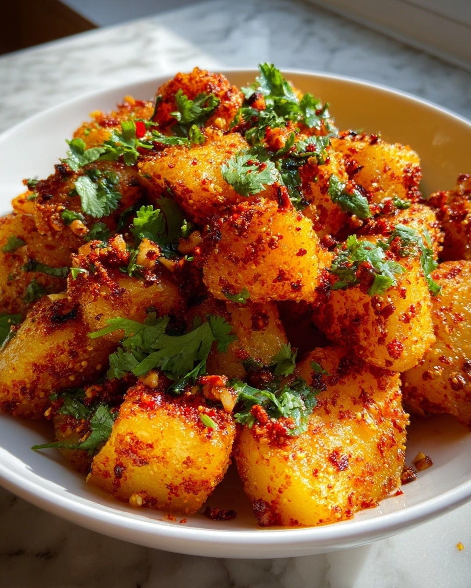 The dish is shown in a white bowl filled with golden-yellow potato chunks coated in a bright red, spicy chili powder mix that gives a rough and crispy texture. Each potato piece is thick and looks fried with a crunchy outer layer. Scattered fresh green cilantro leaves add a fresh contrast on top and between the potato pieces. Small bits of minced garlic and spices are peppered across the dish, making it look flavorful and spicy. The bowl lies on a white marbled surface with soft natural light coming from a nearby window, highlighting the rich colors and textures. photo taken with an iphone --ar 4:5 --v 7