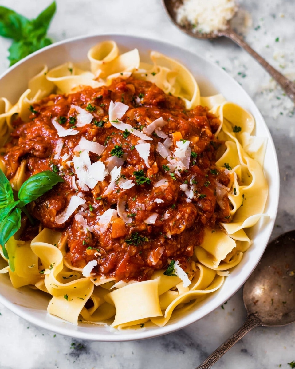 A large white bowl filled with flat, wide noodles forming the base layer, pale yellow and slightly curled at the edges. On top, a thick layer of chunky red tomato meat sauce, rich and textured with bits of meat and herbs, spreads evenly over the noodles. Scattered small green parsley leaves are sprinkled on the sauce, adding a touch of color. Shiny white cheese shavings lightly cover parts of the sauce, while a fresh green basil leaf rests near the edge of the bowl. The bowl sits on a white marbled surface with a tarnished silver spoon nearby holding extra cheese flakes. Photo taken with an iphone --ar 4:5 --v 7