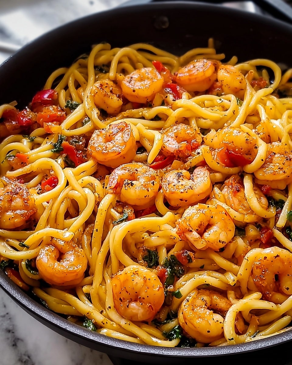 A close-up of a black pan filled with cooked noodles that are thick and yellow, mixed with many small, orange cooked shrimp on top, some pieces of red bell pepper, and bits of green leafy herbs evenly spread through the dish, all glistening with a light oily sauce. The noodles have a smooth and soft texture, while the shrimp have a firm, slightly shiny surface with specks of black pepper. Steam rises gently from the pan, showing the dish is hot. The scene is set against a white marbled texture in the background. photo taken with an iphone --ar 4:5 --v 7