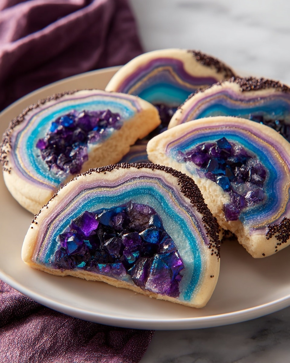 A white plate holds several geode cookies, each cookie showing multiple layers that mimic a geode's inside. The outer layer is a pale, creamy cookie dough with smooth texture, followed by vivid layers of blue, purple, light pink, and white bands that look like delicate rock formations. The center is filled with shiny, crystal-like sugar clusters in deep purple and blue shades that sparkle under the light. The cookie edges have a coating of small dark chocolate sprinkles. The plate rests on a white marbled surface with soft shadows and a folded purple cloth in the background. Photo taken with an iphone --ar 4:5 --v 7