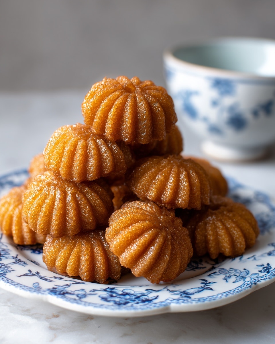 A stack of round, flower-shaped golden brown sweets with a shiny, sticky surface sits on a white plate decorated with blue floral patterns. Each sweet has detailed ridges radiating from the center, giving them a textured look, and they are piled neatly in a small mound. The plate rests on a white marbled texture background with a soft, blurred white bowl visible in the back. photo taken with an iphone --ar 4:5 --v 7